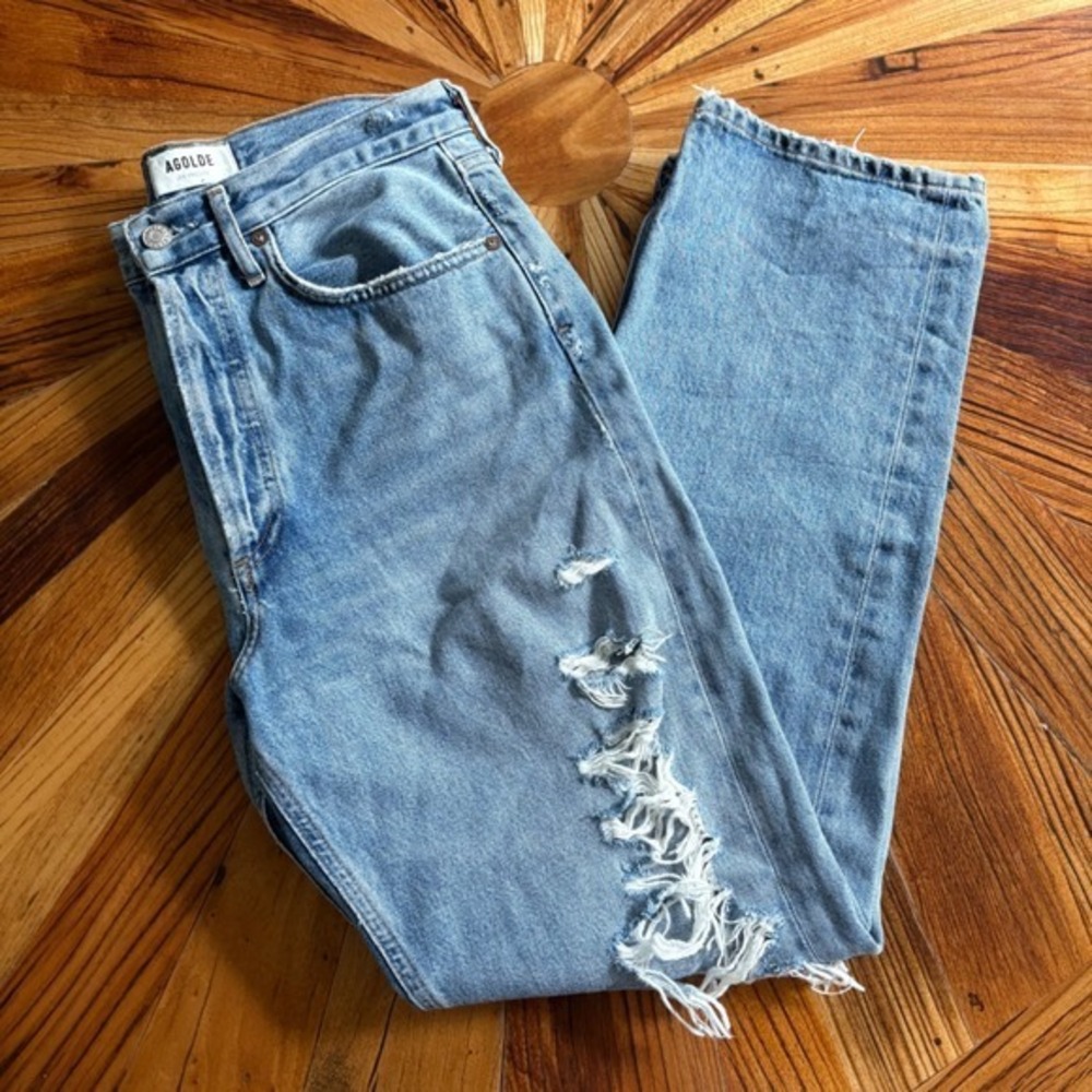 AGOLDE 90s Mid Rise Loose Fit Distressed Jeans Size 27 Light Wash Denim